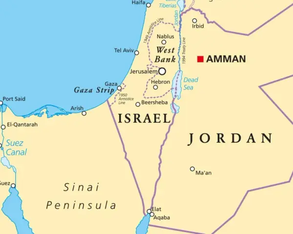 Mapa Izraela, Jordanii i części Egiptu. Czy wyjazd do Ziemi Świętej jest bezpieczny? Mapa pokazuje Strefę Gazy, Zachodni Brzeg, Kanał Sueski.