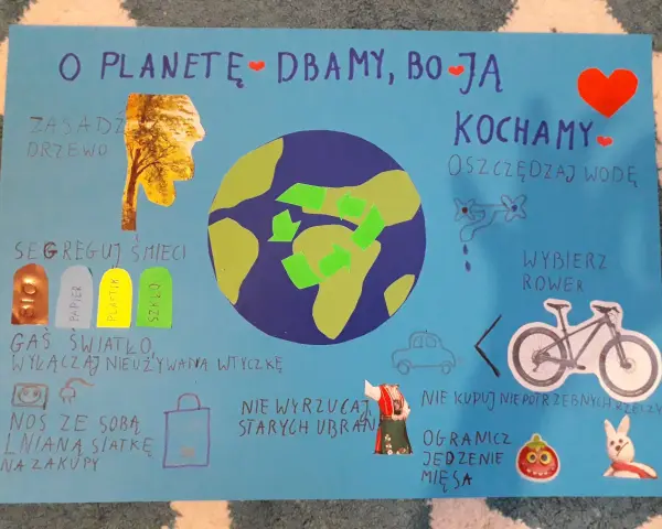 Plakat "Jak chronić środowisko" pokazuje, jak dbać o planetę: segreguj śmieci, oszczędzaj wodę, wybieraj rower.