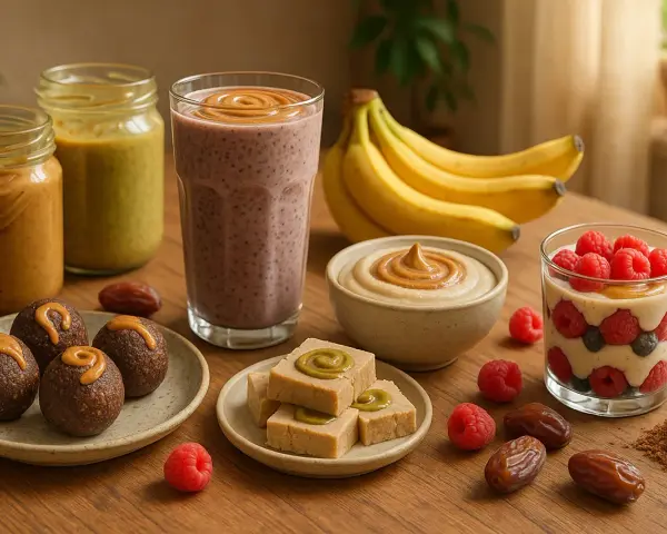 Zdrowe słodkości: batony, smoothie, deser z malinami i borówkami. Idealne, by czym słodzić deser zamiast cukru, używając daktyli i masła orzechowego.