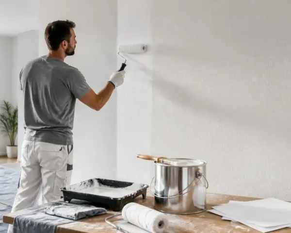 Un peintre applique une couche de peinture blanche sur un mur. Il utilise un rouleau et une boîte de peinture. On se demande combien de litre de peinture par m2 sera nécessaire pour ce chantier.