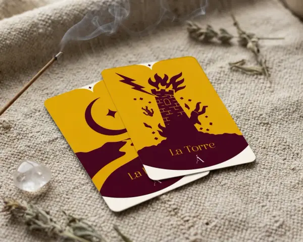 Cartas de tarot "La Torre" y "La Luna" sobre tela rústica, con incienso humeante y un cuarzo.