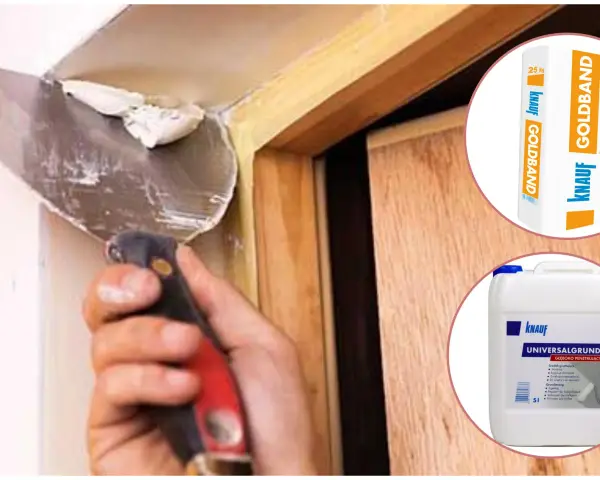 Nakładanie gładzi gipsowej Knauf Goldband na ościeżnicę drzwi zewnętrznych. Obok produkty Knauf: gips i grunt.