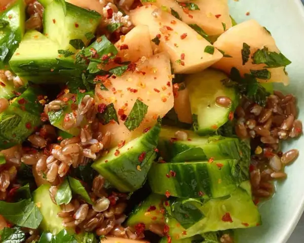 Erfrischender melonen gurken-salat mit Getreide, Minze und Chili. Ein Rezept von Martina und Moritz für den Sommer.