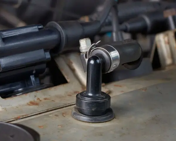 A black rubber PCV valve hose connected to a metal engine component. This part can cause bad PCV valve symptoms if it fails.