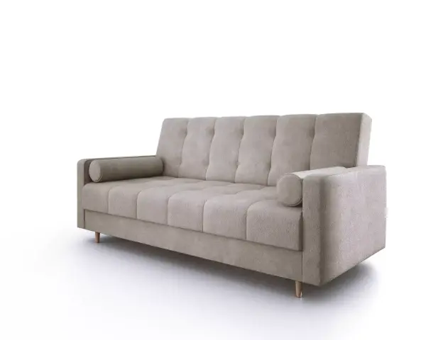 Beżowa sofa z pikowanymi poduchami i wałkami, gotowa do rozłożenia. Mechanizm rozkładania sofy jest intuicyjny.