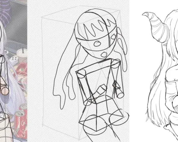 Tre steg för att rita en anime-karaktär med horn. Skiss, skelett och färdig teckning. Bra bilder att rita för övning.