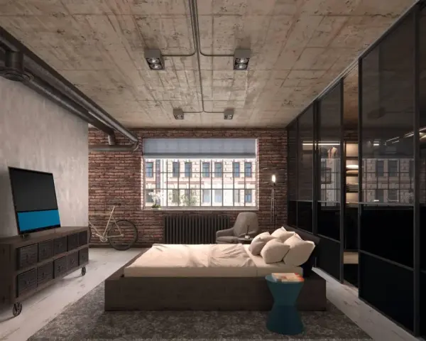 Camera da letto in stile industrial chic con pareti in mattoni, soffitto in cemento a vista e armadio con ante in vetro.
