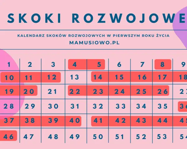 Kalendarz skoków rozwojowych z zaznaczonymi datami w formie tabeli.