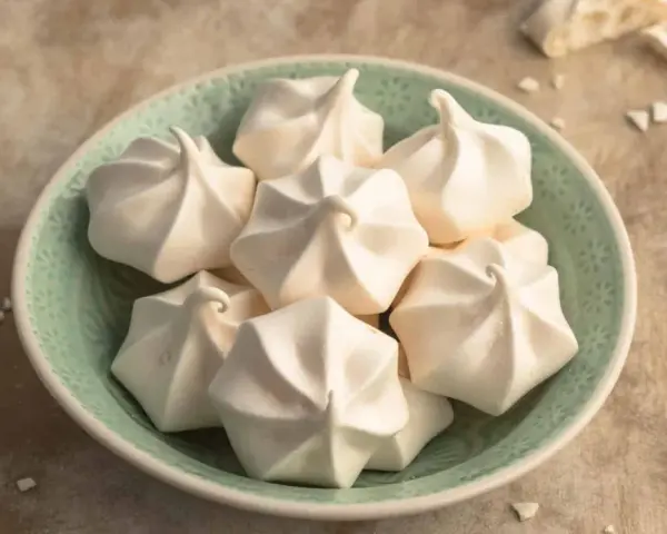 Ein Teller voller zarter Baiser, perfekt für jedes Baiser Rezept. Sie sehen aus, als wären sie frisch aus dem Ofen und bereit, auf der Zunge zu zergehen.