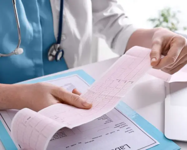 Pielęgniarka analizuje zapis EKG, ucząc się interpretacji podczas kursu EKG dla pielęgniarek online.