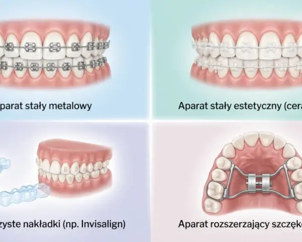 Korekcja zgryzu krzyżowego: aparaty metalowe, estetyczne, nakładki Invisalign i aparat Hyrax do rozszerzania szczęki.