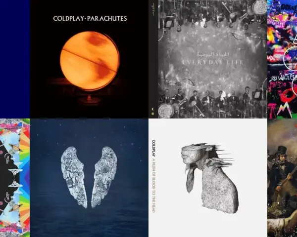 Collage des pochettes des albums de Coldplay : Parachutes, Everyday Life, Mylo Xyloto, A Rush of Blood to the Head, Ghost Stories, Music of the Spheres, Viva la Vida.