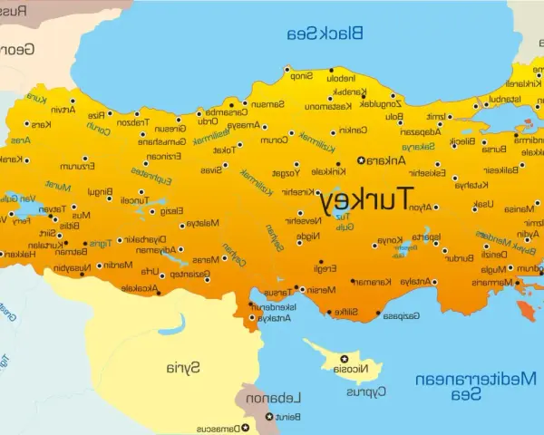 Mapa Turcji z zaznaczonymi regionami turystycznymi i miastami.