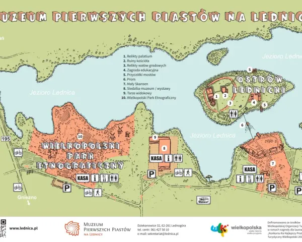 Mapa Muzeum Pierwszych Piastów na Ostrowie Lednickim. Widoczne jezioro, grodzisko, skansen i ścieżki.