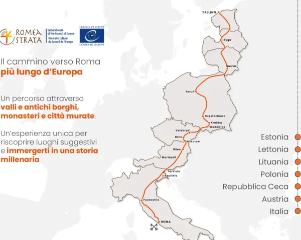 La mappa illustra la **strada Romea**, il cammino più lungo d'Europa, da Tallinn a Roma, passando per Polonia, Austria e Italia.