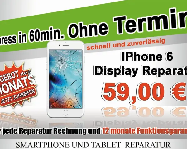 Ein weißes iPhone mit gesprungenem Display, daneben ein Angebot für iPhone 6 Display Reparatur für 59€.
