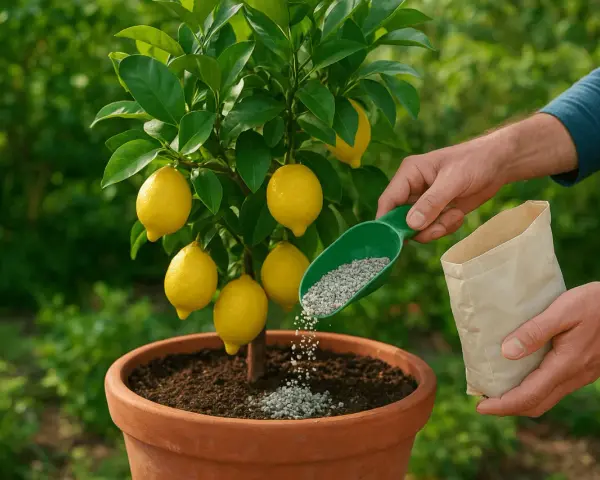 Mani che aggiungono fertilizzante a un limone in vaso. Il momento giusto per concimare il limone è fondamentale per frutti succosi.