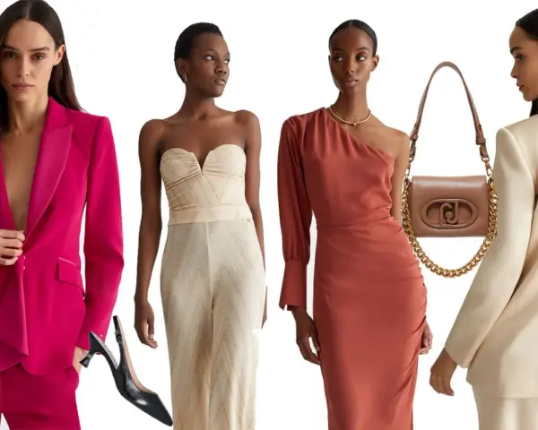 Idee eleganti per un battesimo: tailleur fucsia, jumpsuit dorata, abito monospalla e tailleur avorio.