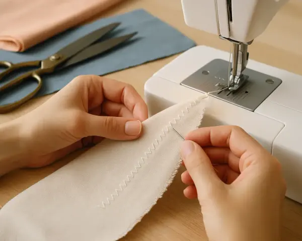 Manos cosiendo tela con puntada zigzag, aprendiendo trucos de costura a mano. Tijeras y telas a un lado.