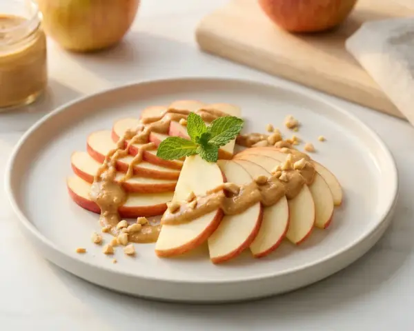 Ein gesunder Snack: Apfelscheiben mit cremiger Erdnussbutter und gehackten Nüssen, garniert mit Minze.