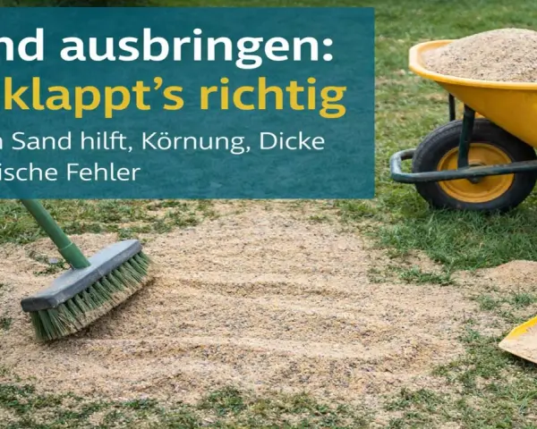 Sand gegen Moos im Rasen: Eine Schubkarre voller Sand, Besen und Schaufel liegen bereit.