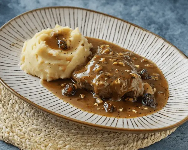 Carrilleras de ternera en salsa de vino tinto con puré de patatas.