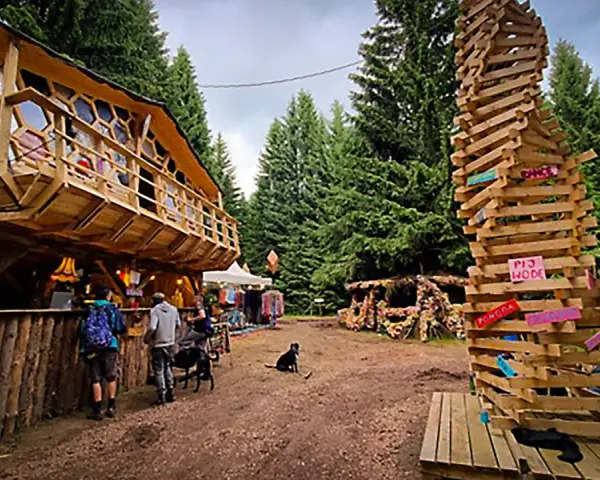 Drewniany domek na drzewie i spiralna rzeźba z desek na festiwalu Grasz Bór. Ludzie spacerują, psy odpoczywają.