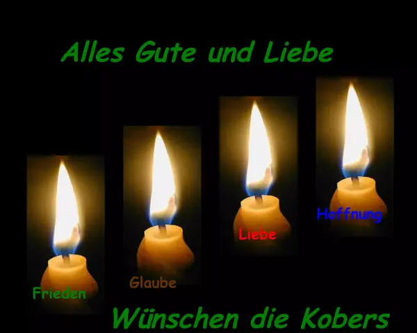 Vier Kerzen leuchten: Frieden, Glaube, Liebe und Hoffnung. Ein Gedicht, das Hoffnung schenkt.