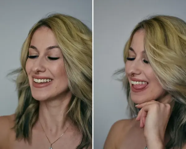 Uśmiechnięta kobieta z blond włosami i złotym kolczykiem w nosie (nasallang piercing). Na drugim zdjęciu pokazuje język.