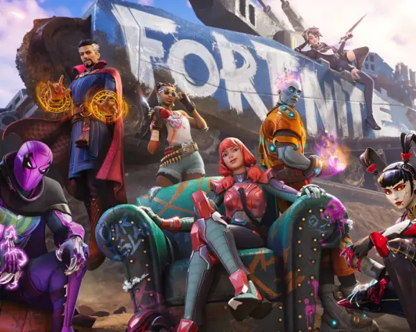 Postacie z gry Fortnite, w tym Doktor Strange i fioletowy Spider-Man, pozują na tle ogromnego napisu "FORTNITE".