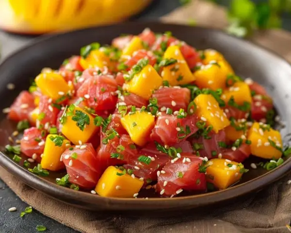 Un délicieux tartare de thon frais, coupé en dés et mélangé à des morceaux de mangue juteuse, garni de graines de sésame et de ciboule.
