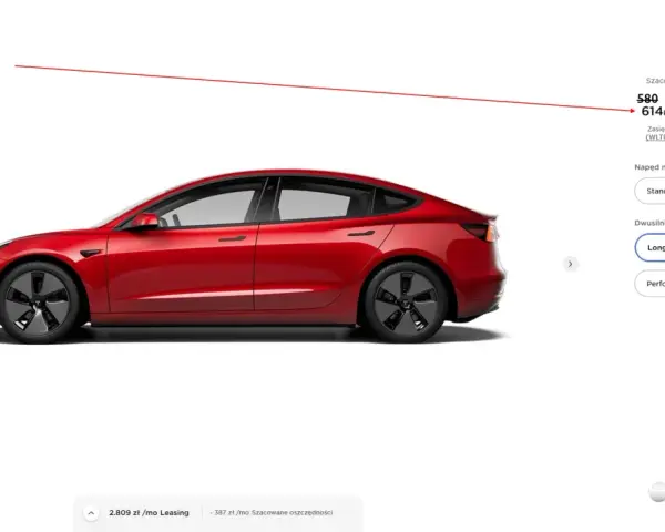 Czerwony Tesla Model 3 z informacjami o zasięgu, prędkości i cenie.