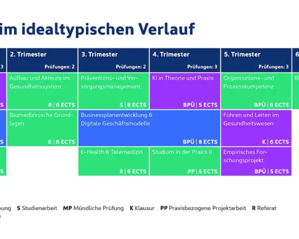 Studienverlauf für den **bachelor gesundheitsmanagement**: Module über 6 Trimester, von wissenschaftlichem Arbeiten bis zur Bachelorphase.