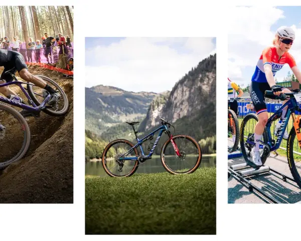 A cyclist navigates a steep trail on a purple downcountry bike. Another downcountry bike is pictured in a scenic mountain landscape. A female cyclist in racing gear prepares on a downcountry bike.