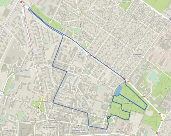 Mapa Siedlec z zaznaczoną trasą spaceru, obejmującą Park Aleksandria i zabytki, jak Katedra Niepokalanego Poczęcia NMP. To idealne miejsce na odkrywanie bohemia.