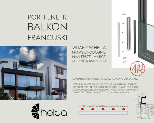 Nowoczesny portfenetr balkon francuski z balustradą szklaną na eleganckim budynku. Helta - eksperci od balustrad.