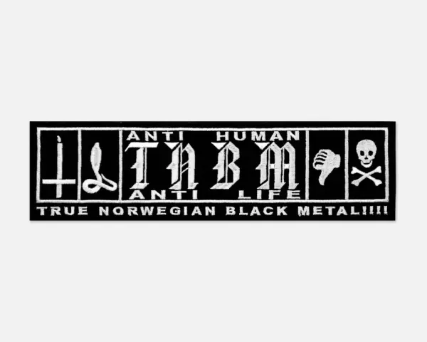 Patch noir avec logo "TABM" et symboles, proclamant "TRUE NORWEGIAN BLACK METAL!!!!".