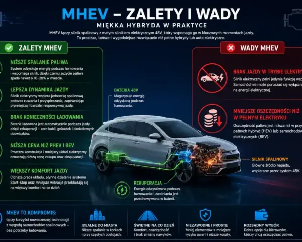 Ilustracja przedstawia samochód z widocznym układem napędowym MHEV 48V, z podziałem na zalety i wady.