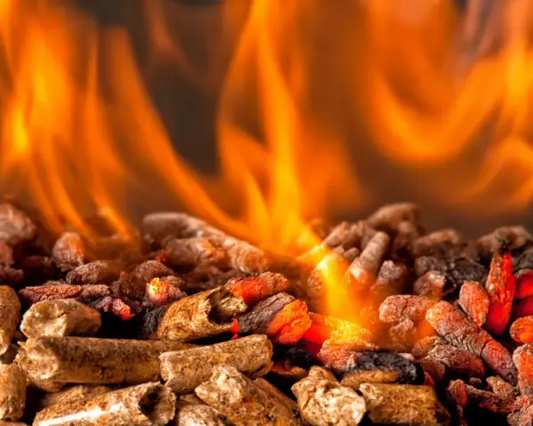 Fiamme arancioni danzano su un letto di pellet ardente. Per scaldare 100 mq, quanti kw servono?