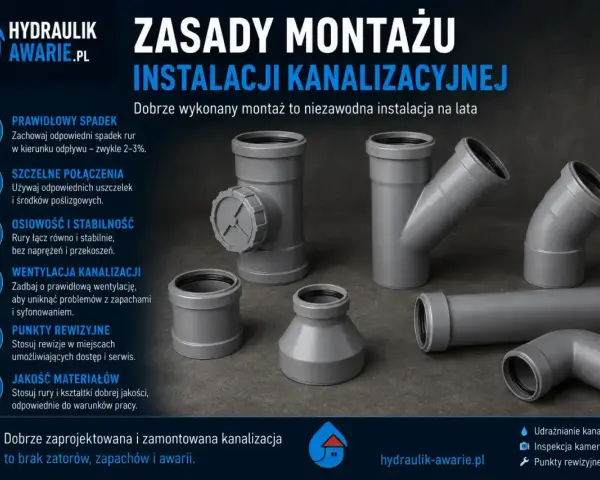 Szare **piony** i kształtki kanalizacyjne, obok zasad montażu instalacji.