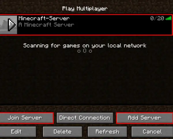 Pantalla de Minecraft para unirse a un servidor. Muestra "Minecraft-Server" y la opción "Add Server", útil para saber como hacer un servidor de Minecraft.