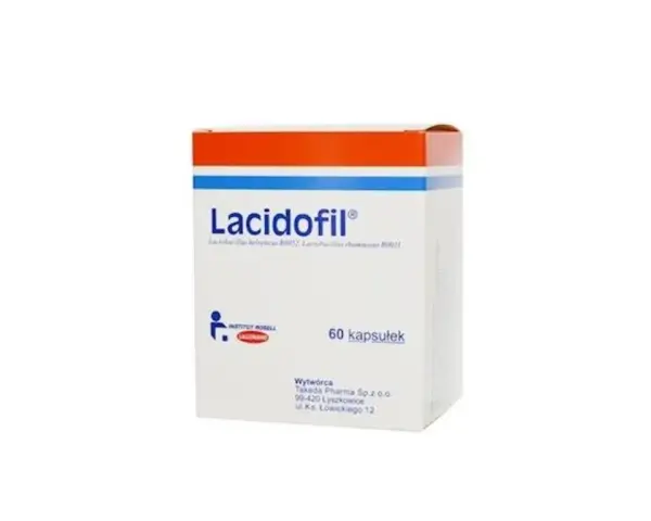 Opakowanie leku Lacidofil z napisem "60 kapsułek" na białym tle.