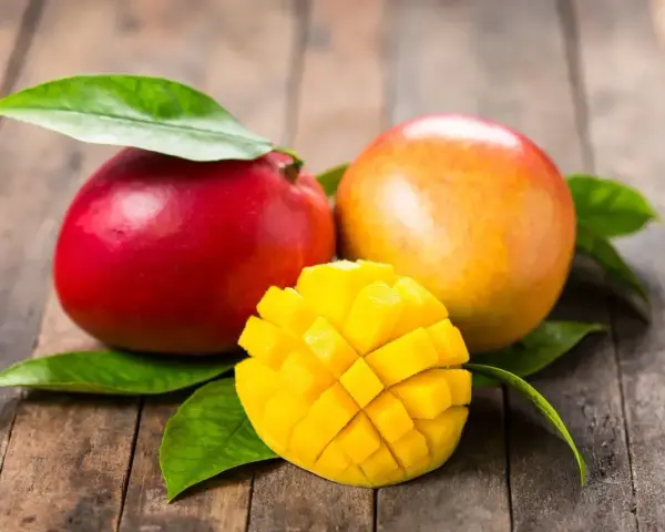 Dwa soczyste mango, jedno czerwone, drugie pomarańczowe, i jedno pokrojone w kostkę, idealne, gdy jest sezon na mango.