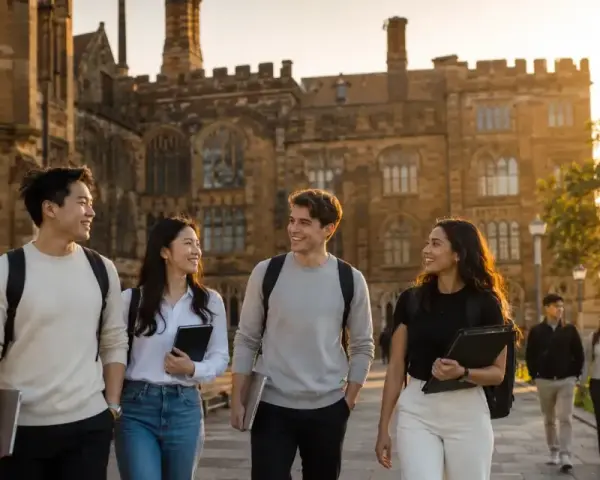 Grupa studentów idzie aleją uniwersytecką w blasku zachodzącego słońca. Marzą o studiach za granicą, ciesząc się wspólnym czasem.