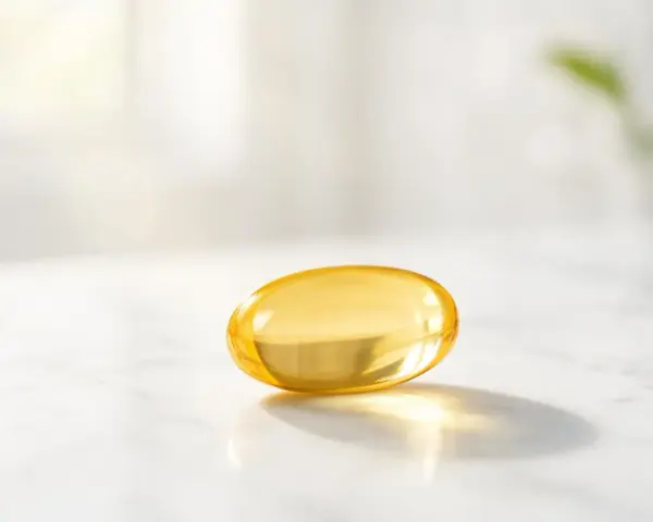 Capsula gialla di vitamina D3 su marmo. La vitamina D3 serve per ossa forti e sistema immunitario.