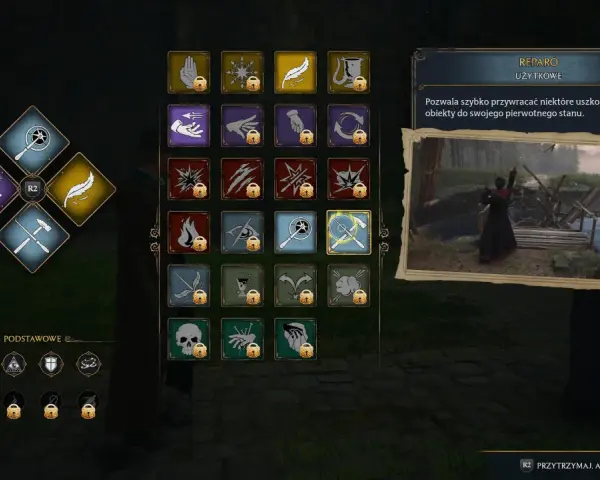 Drętwota w Hogwarts Legacy: menu zaklęć z ikonami, w tym Reparo. Gracz naprawia zniszczony mostek.