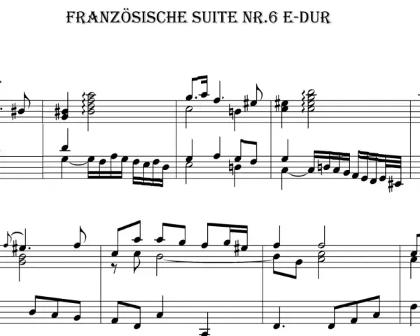Partytura "Sarabandy" z Francuskiej Suity nr 6 E-dur Bacha. Widać ozdobniki w muzyce, takie jak tryle (tr).