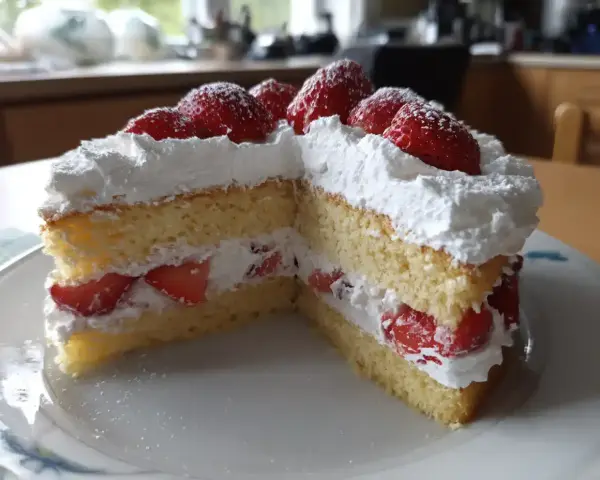 Enkel tårta med fluffig grädde och färska jordgubbar, perfekt för ett sommarfika.
