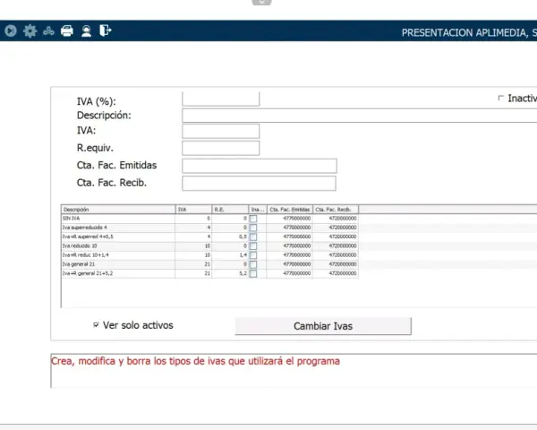 Configuración de tipos de IVA para facturas. Se muestran diferentes tipos de IVA, como reducido y general, para su gestión.