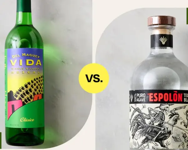 Zielona butelka mezcalu Del Maguey Vida kontra przezroczysta butelka tequili Espolón Blanco. Który drink wybierzesz?